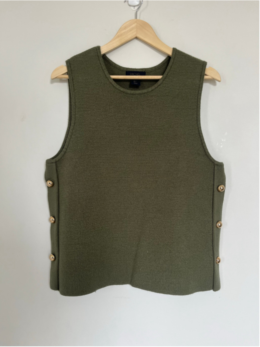Rachel Roy Olive Green Sleeveless Sweater Vest Gold Button Detail Layering Tank